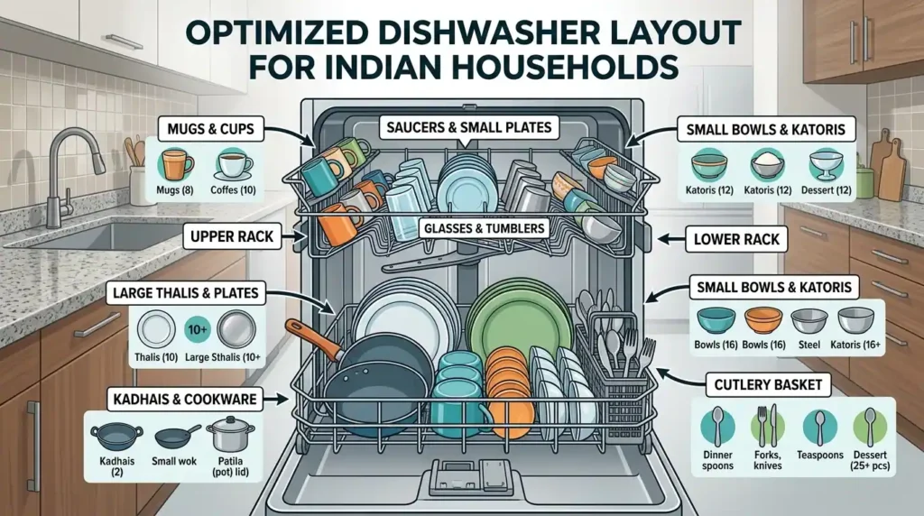 Dishwasher India place settings guide showing how plates, bowls and utensils fit inside dishwasher racks