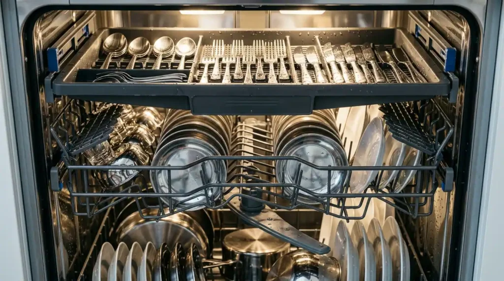 Dishwasher India rack design with adjustable racks and third cutlery tray for utensils.