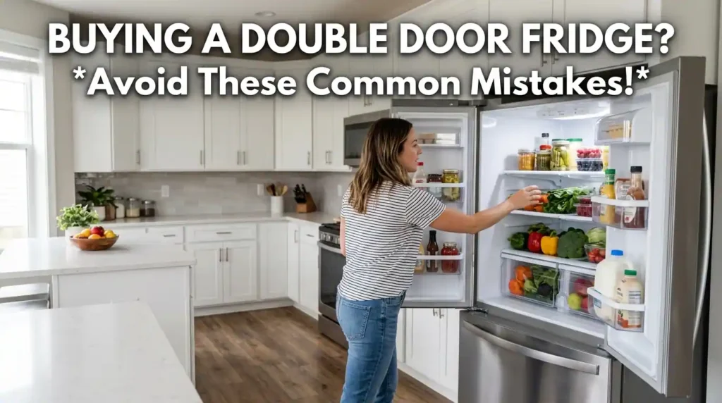 person choosing a double door fridge in a modern kitchen
