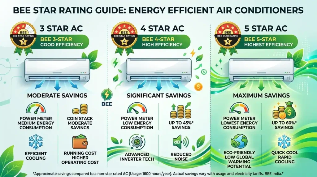 Energy efficient Air Conditioners showing BEE star rating and electricity saving features for inverter Air Conditioners.