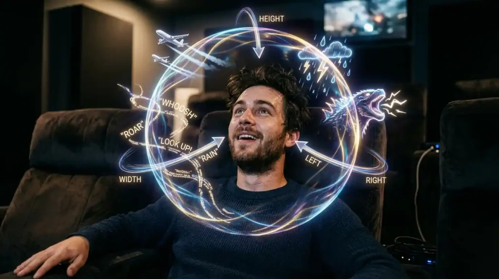 A viewer in a dark home theater with a look of pure wonder, surrounded by physical, glowing, 3D sound streams and objects representing the immersive power of Dolby Atmos as detailed in a soundbar buying guide.