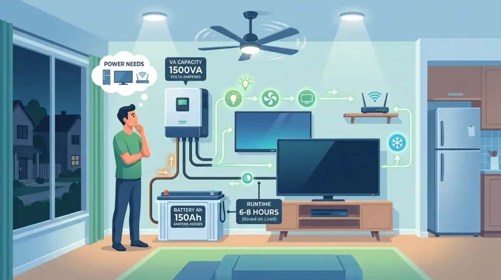 How to choose the right inverter battery for home backup showing inverter battery system connected to household appliances.