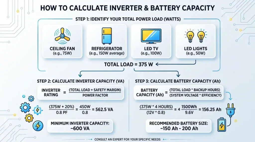 Inverter Battery capacity calculation example showing how to calculate inverter VA and battery Ah for home backup.