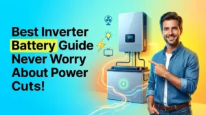 Inverter Battery system with a 35 year old man standing beside a modern inverter battery for home power backup