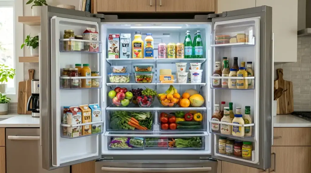 large capacity double door fridge filled with groceries