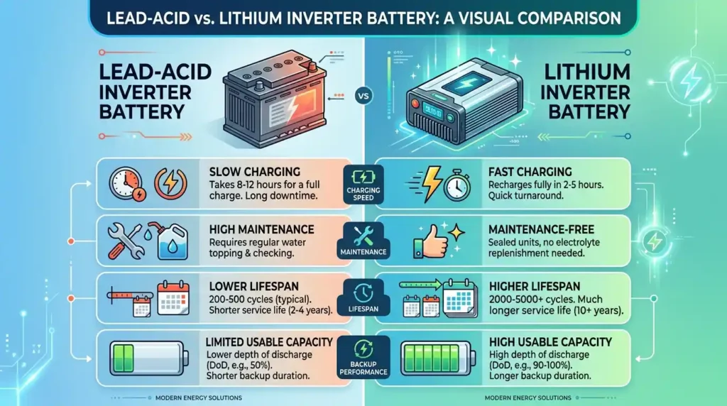 Comparison of lead acid and lithium inverter battery types for home backup systems.
