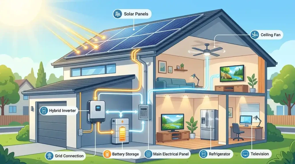 Solar hybrid inverter battery system powering a home with solar panels charging the inverter battery.