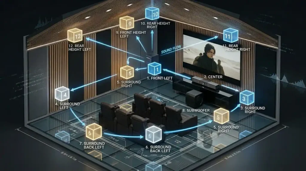 A beautiful technical visualization of a 7.1.4 immersive audio channel configuration in a home theater, based on concepts from a soundbar buying guide.
