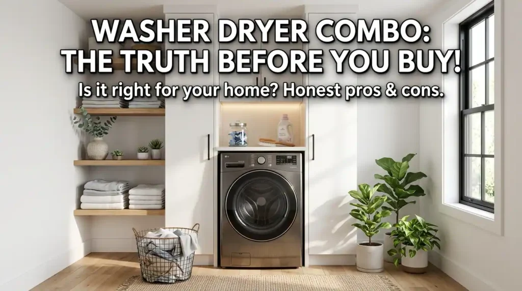 Modern washer dryer combo machine in a bright home laundry room