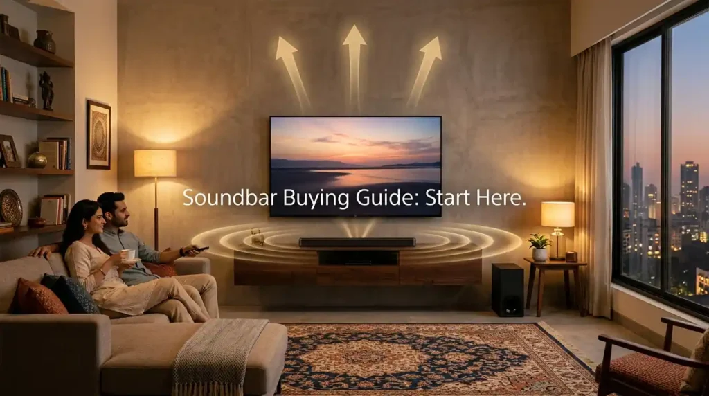 A cozy, modern Indian living room setup featured in a soundbar buying guide, showing a perfectly matched TV and soundbar with visualized height channel audio waves.