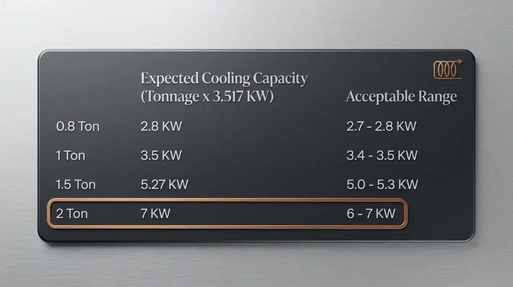 2 ton AC real cooling capacity chart showing expected kW and acceptable range