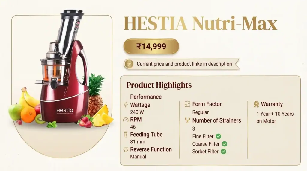 A comprehensive infographic specification card for the Hestia Nutri-Max cold press juicer, presenting a standalone photo of the red vertical juicer and a list of specific performance data points like wattage, RPM, feeding tube size, and warranty, alongside pricing