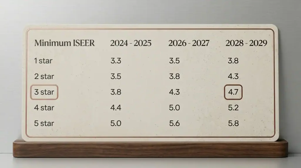 2 ton AC ISEER rating chart showing star rating changes from 2024 to 2029