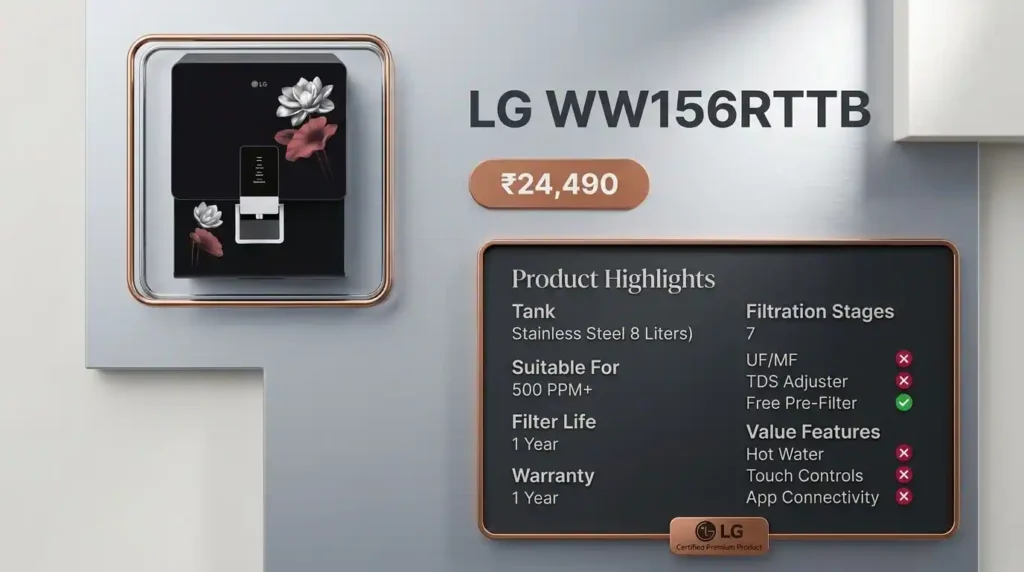 LG WW156RTTB Water Purifiers with stainless steel tank and premium design for home use