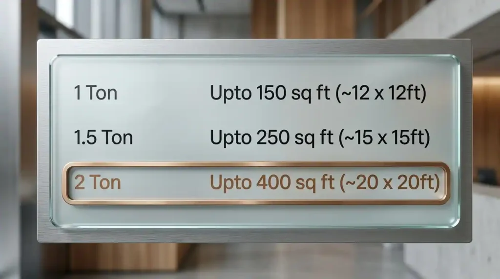 2 ton AC room size chart showing ideal cooling area up to 400 sq ft