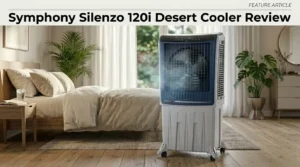 silent air cooler placed in a modern bedroom showing quiet cooling performance and stylish design