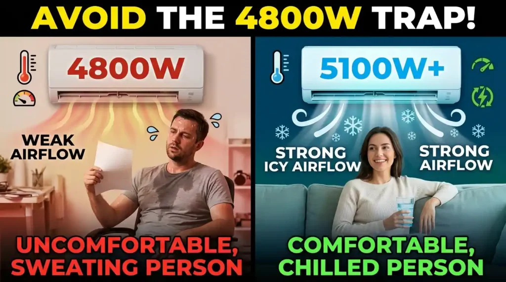AC cooling capacity comparison showing difference between 4800W and 5000W performance