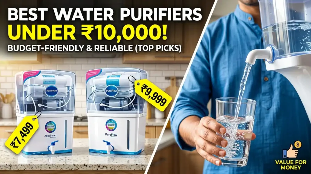 Affordable Water Purifiers under ₹10000 showing budget models with price tags and clean drinking water