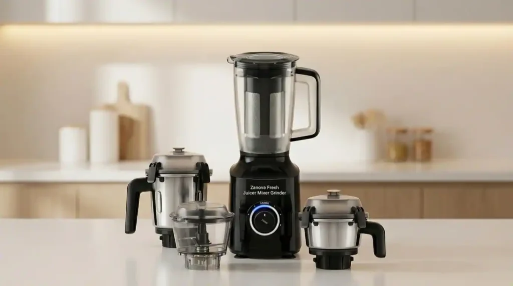 The complete Atomberg Zenova Fresh 4-in-1 juicer mixer grinder set displayed on a modern, brightly lit kitchen counter, featuring the black motor base, a tall juicer jar, two stainless steel grinding jars, and a clear chopper jar.