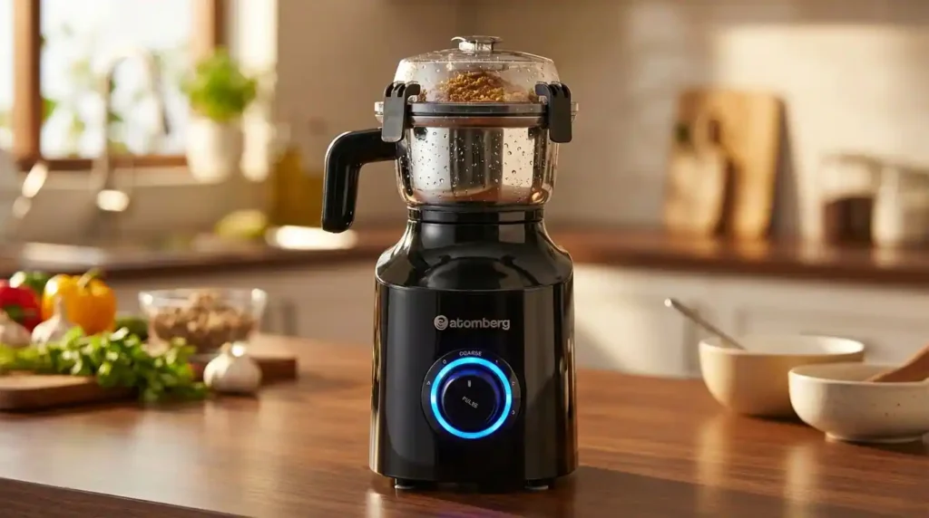 Atomberg Zenova Fresh mixer grinder on a wooden kitchen counter, utilizing the stainless steel chutney jar with a locked clear lid to grind coarse brown spices.
