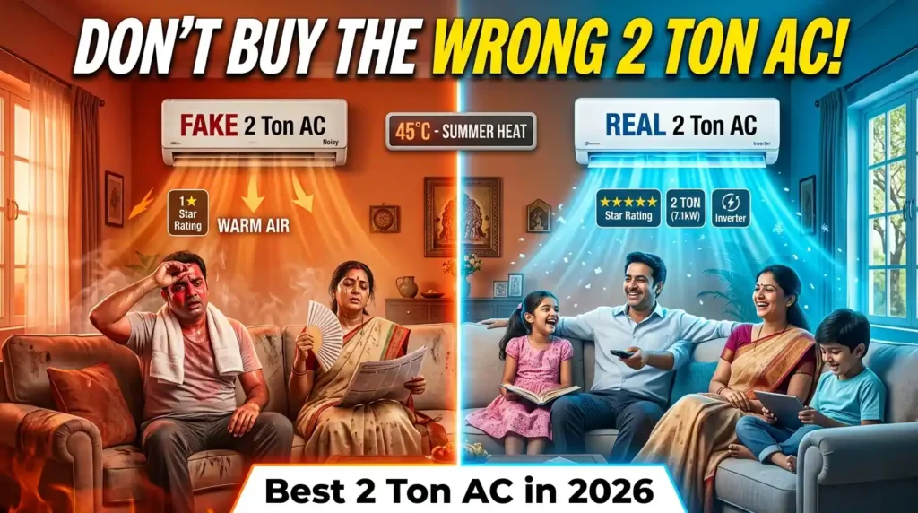 Best 2 ton AC in India showing real vs fake cooling capacity comparison