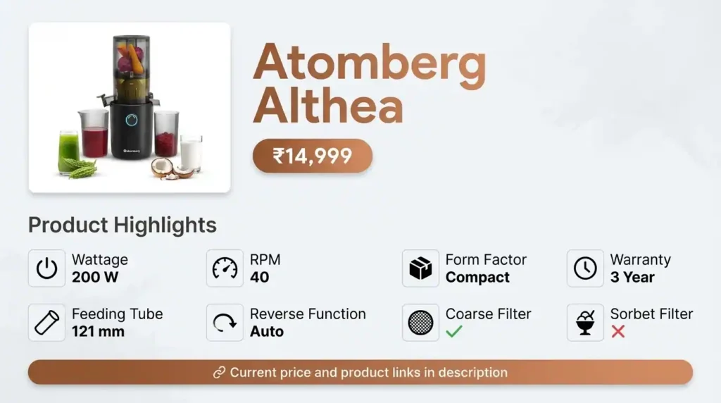 A comprehensive specification card for the Atomberg Althea cold press juicer. The card features a standalone photo of the black Atomberg juicer on the left, with large brown text on the right reading "Atomberg Althea" and a price button. Below are "Product Highlights" with specific data icons, including 200 W wattage, 121 mm feeding tube, 40 RPM, and compact form factor. A footer button links to product links in the description.