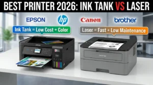 Best Printers 2026 comparison showing ink tank vs laser printer with color and black-and-white output differences