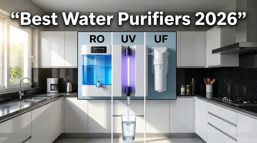 Best Water Purifiers 2026 showing RO UV UF comparison and clean drinking water in a modern kitchen
