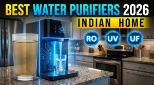 Best Water Purifiers 2026 showing RO UV UF comparison and clean drinking water in a modern kitchen