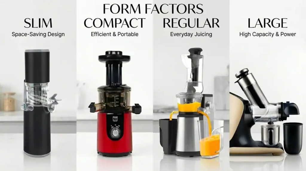 A four-column comparison infographic showcasing different types of cold press juicers based on their form factor: Slim (space-saving design), Compact (efficient & portable), Regular (everyday juicing), and Large (high capacity & power). Four distinct cold press juicer models are displayed side-by-side on a kitchen counter with descriptive text above each column.