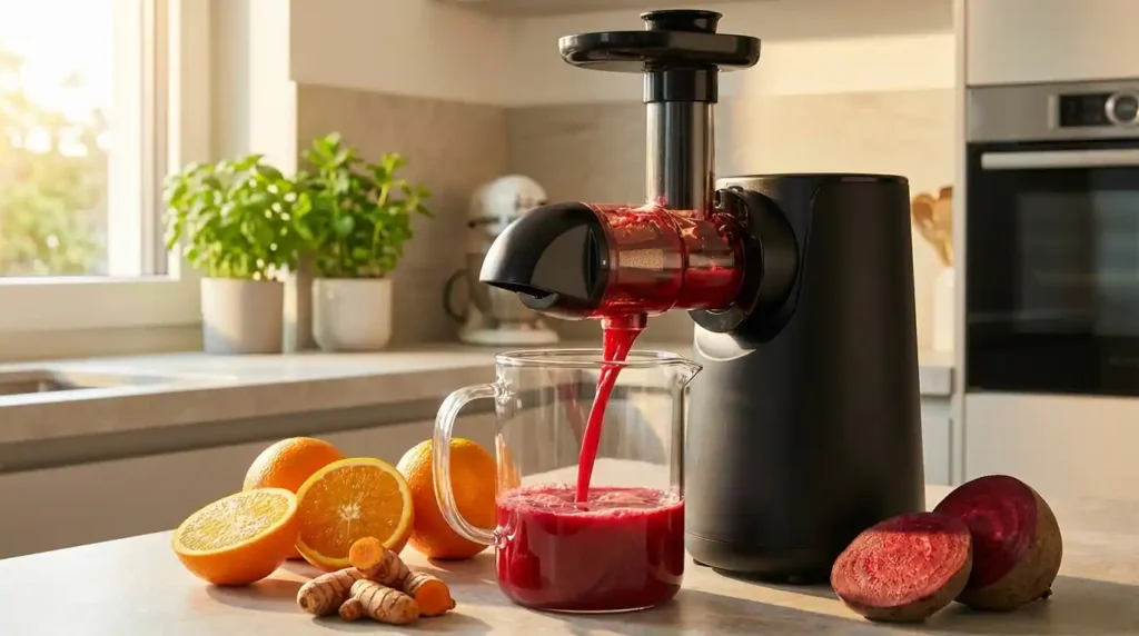 A sleek black horizontal cold press juicer in action, actively extracting vibrant red juice into a glass pitcher, surrounded by fresh halved oranges, beets, and turmeric root on a modern kitchen counter with natural window light.