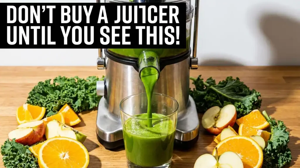 A detailed photograph of a stainless steel centrifugal juicer actively pouring a vibrant green juice into a clear glass. The juicer is positioned on a light wooden counter surrounded by cut oranges, crisp apple slices, and large bunches of kale. At the top of the image, a prominent black text block with bold white letters warns, "DON'T BUY A JUIICER UNTIL YOU SEE THIS!" with "JUIICER" misspelled. This visual serves as a point of comparison in our complete cold press juicer guide.