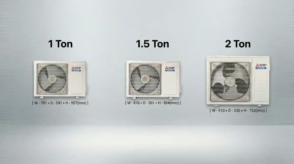 2 ton AC outdoor unit size compared with 1 ton and 1.5 ton air conditioner units