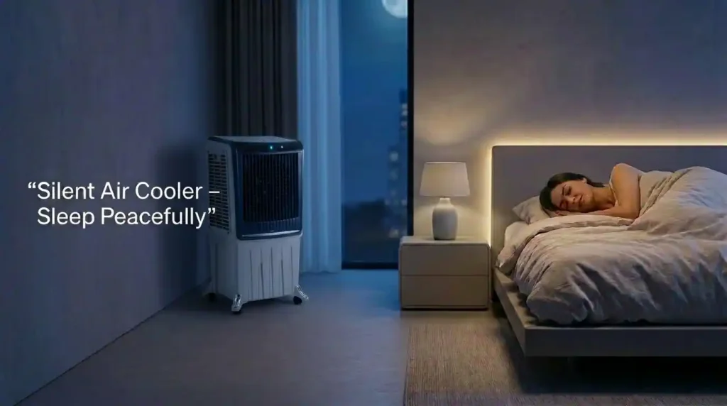 Symphony Silenzo 120i silent air cooler in bedroom at night providing quiet cooling while a person sleeps peacefully