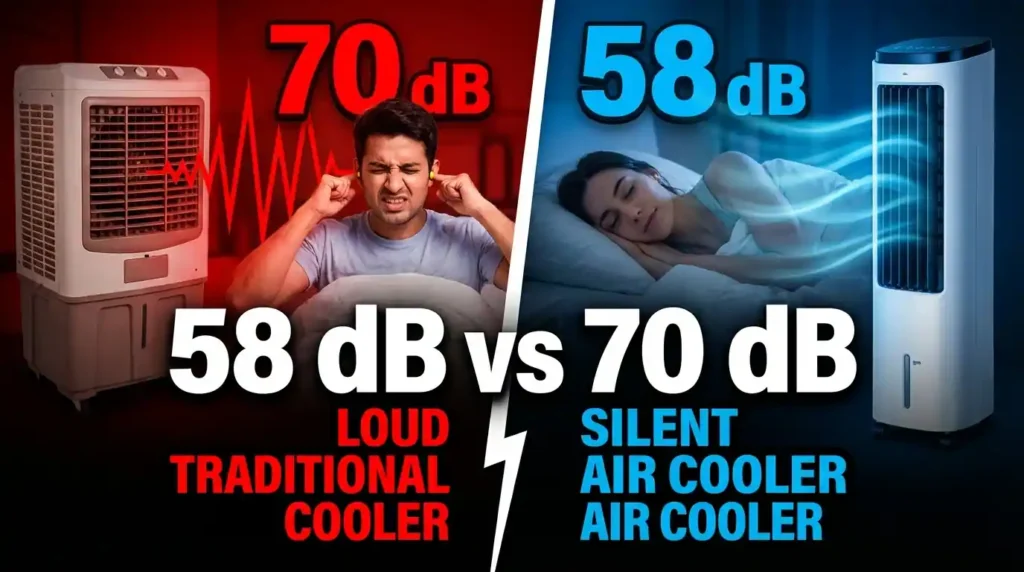 Symphony Silenzo 120i silent air cooler noise comparison showing low noise cooling versus traditional loud air cooler