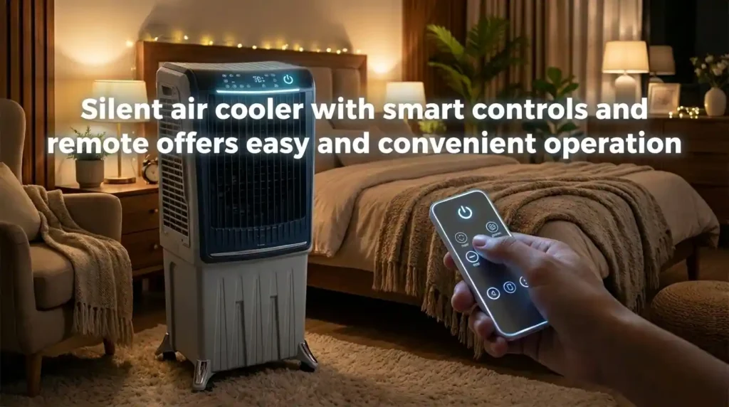 Symphony Silenzo 120i silent air cooler with remote control and touchscreen showing smart features and ease of use