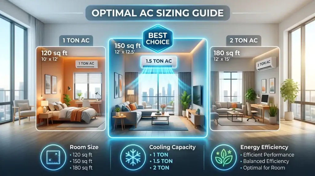 AC room size guide showing ideal AC capacity for different room sizes