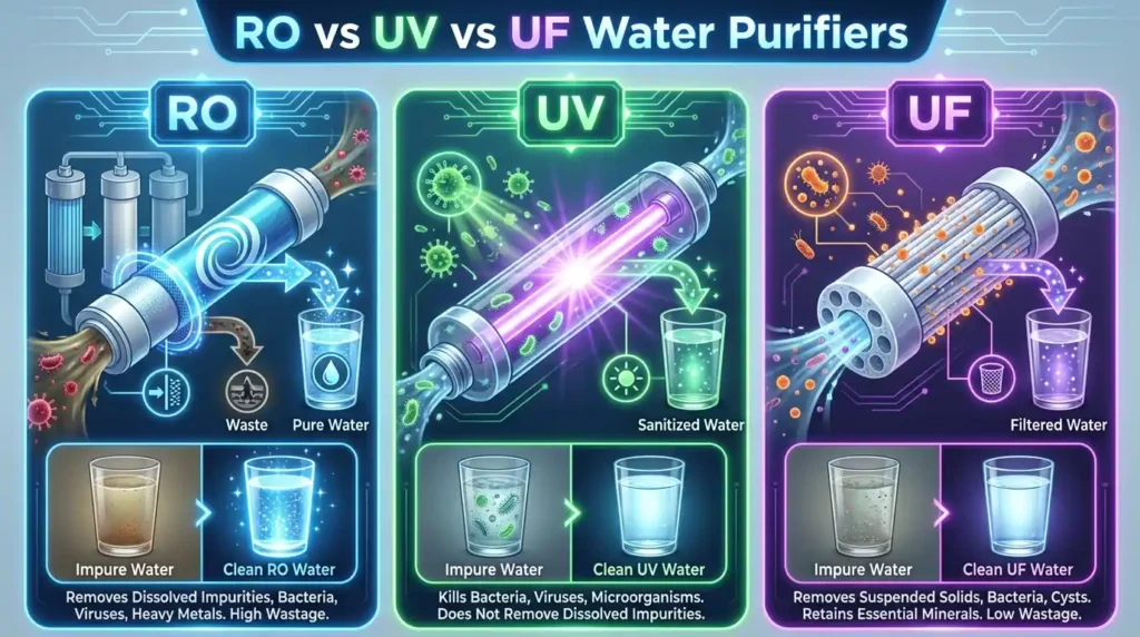 Water Purifiers comparison showing RO vs UV vs UF filtration technologies
