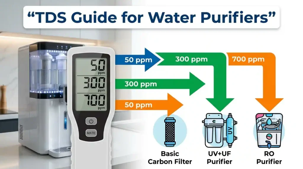Water Purifiers TDS level guide showing meter readings and purifier selection