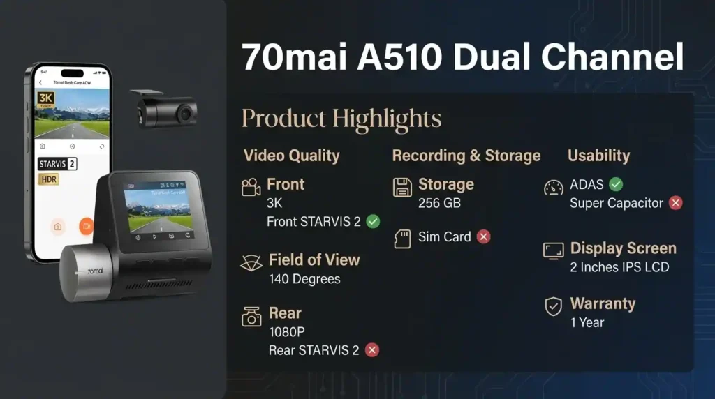 featuring the 70mai A510 dual-channel dashcam with STARVIS 2 night vision and 3K front recording.