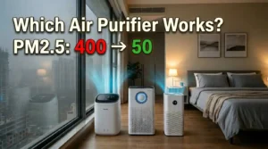 Best air purifier India comparison showing Philips, Coway and Xiaomi reducing PM2.5 from 400 to 50 in a bedroom
