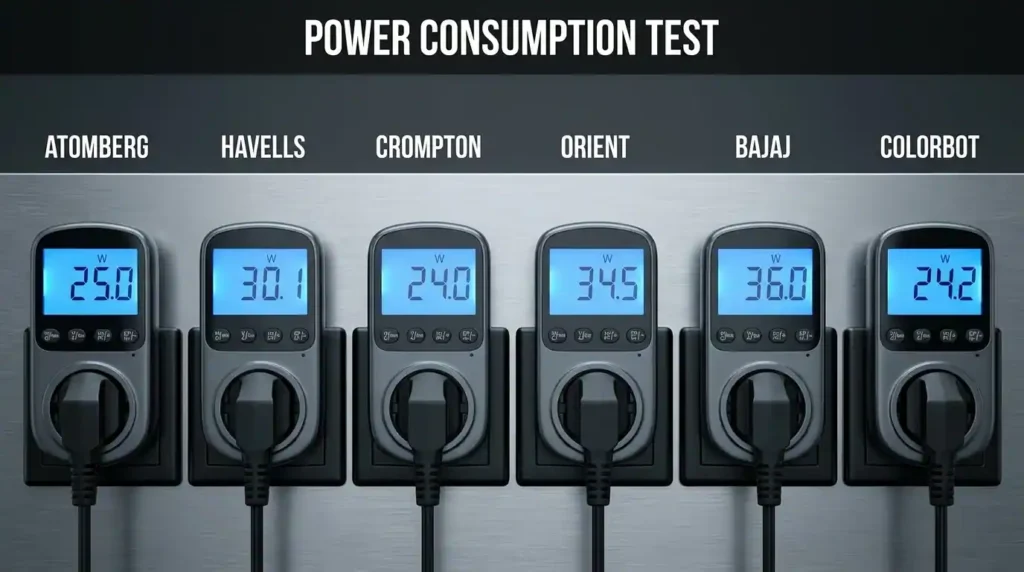 Power consumption test showing watt meter readings for Atomberg, Havells, Crompton, Orient, Bajaj, and Colorbot ceiling fans during energy usage comparison.