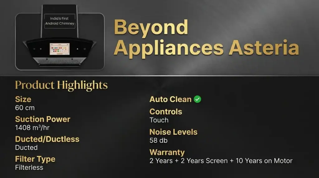 Beyond Appliances Asteria smart kitchen chimney with built-in Android display, 1408 m³/hr suction power, and filterless auto-clean technology.