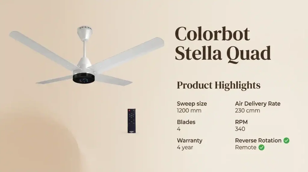 Best BLDC fans comparison featuring the Colorbot Stella Quad with 4 blades, reverse rotation, remote control, and efficient airflow performance.
