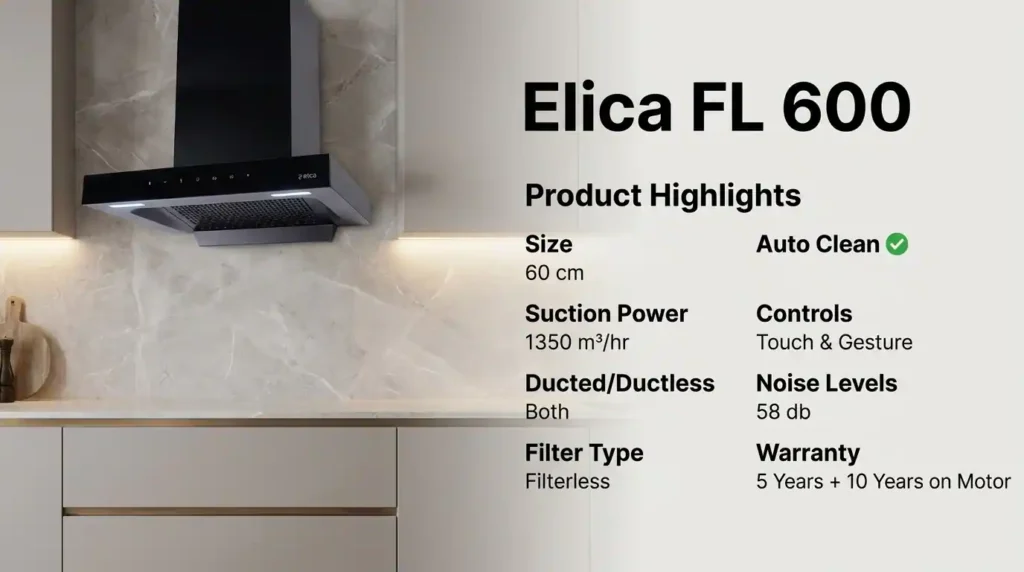 Elica FL 600 T-shaped kitchen chimney with 1350 m³/hr suction power, filterless auto-clean technology, and touch gesture controls.