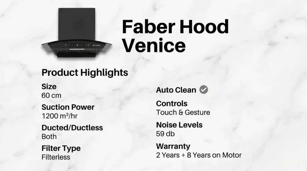 Faber Hood Venice curved glass kitchen chimney with 1200 m³/hr suction power, filterless auto-clean technology, and touch gesture controls.