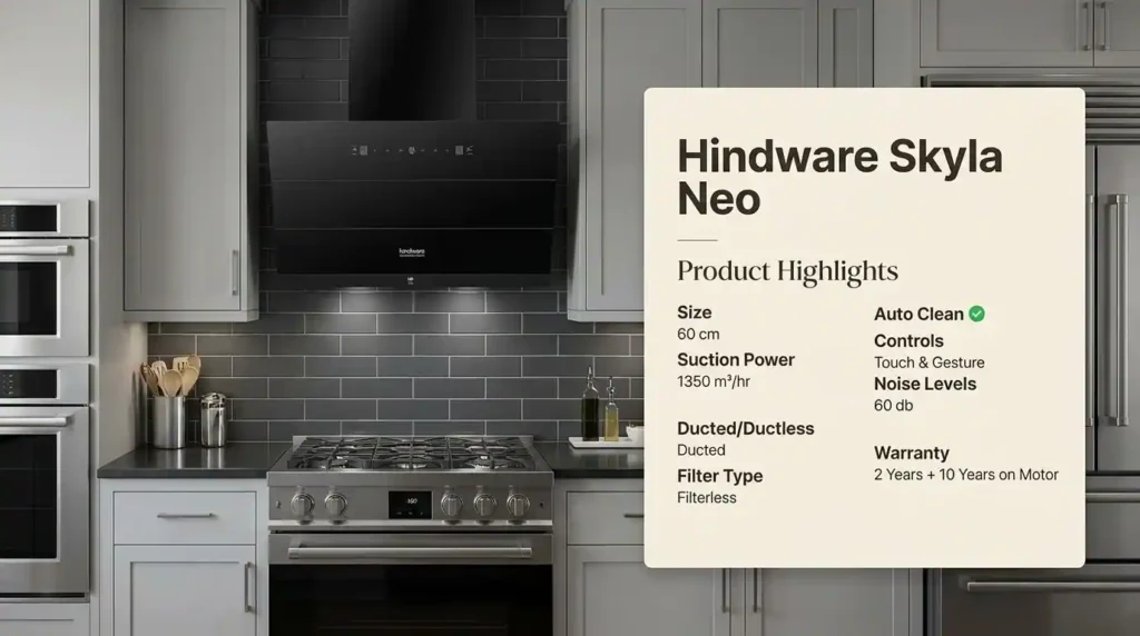 Hindware Skyla Neo angular kitchen chimney with 1350 m³/hr suction power, filterless auto-clean system, and touch gesture controls installed in a modern kitchen.
