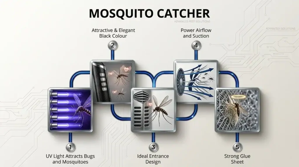 Air Purifier Guide showing mosquito catcher feature with UV light airflow suction and glue trap mechanism