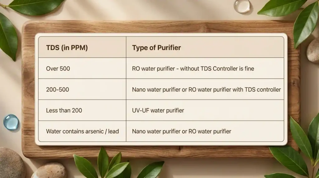 Best water purifier in India TDS level guide showing when to choose RO, Nano, or UV UF water purifiers based on water quality.