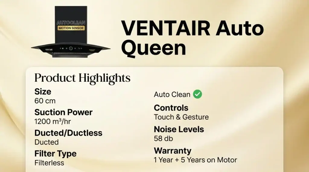 Ventair Auto Queen curved glass kitchen chimney with 1200 m³/hr suction power, auto-clean technology, and touch gesture controls.